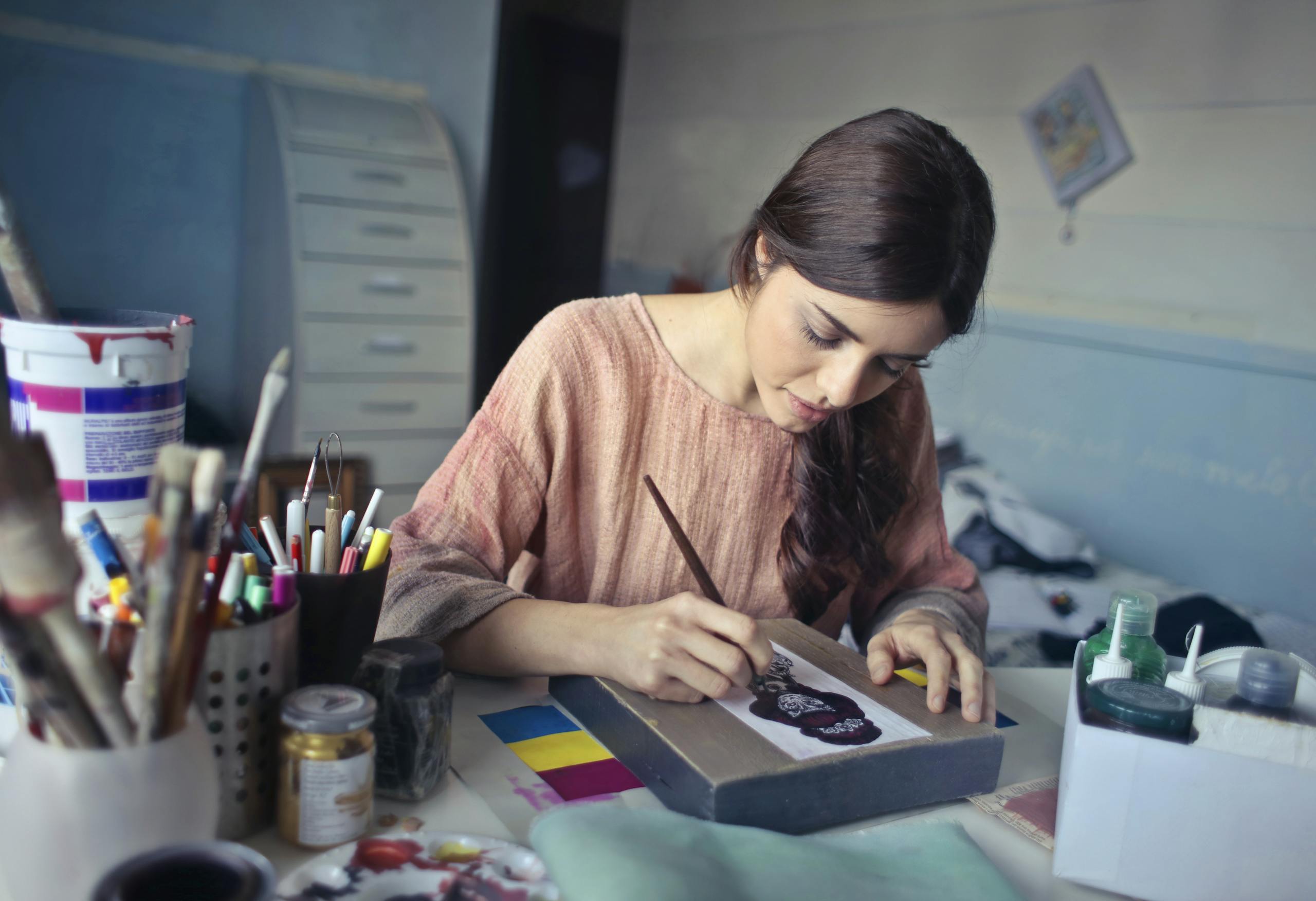 Woman in Brown Scoop-neck Long-sleeved Blouse Painting