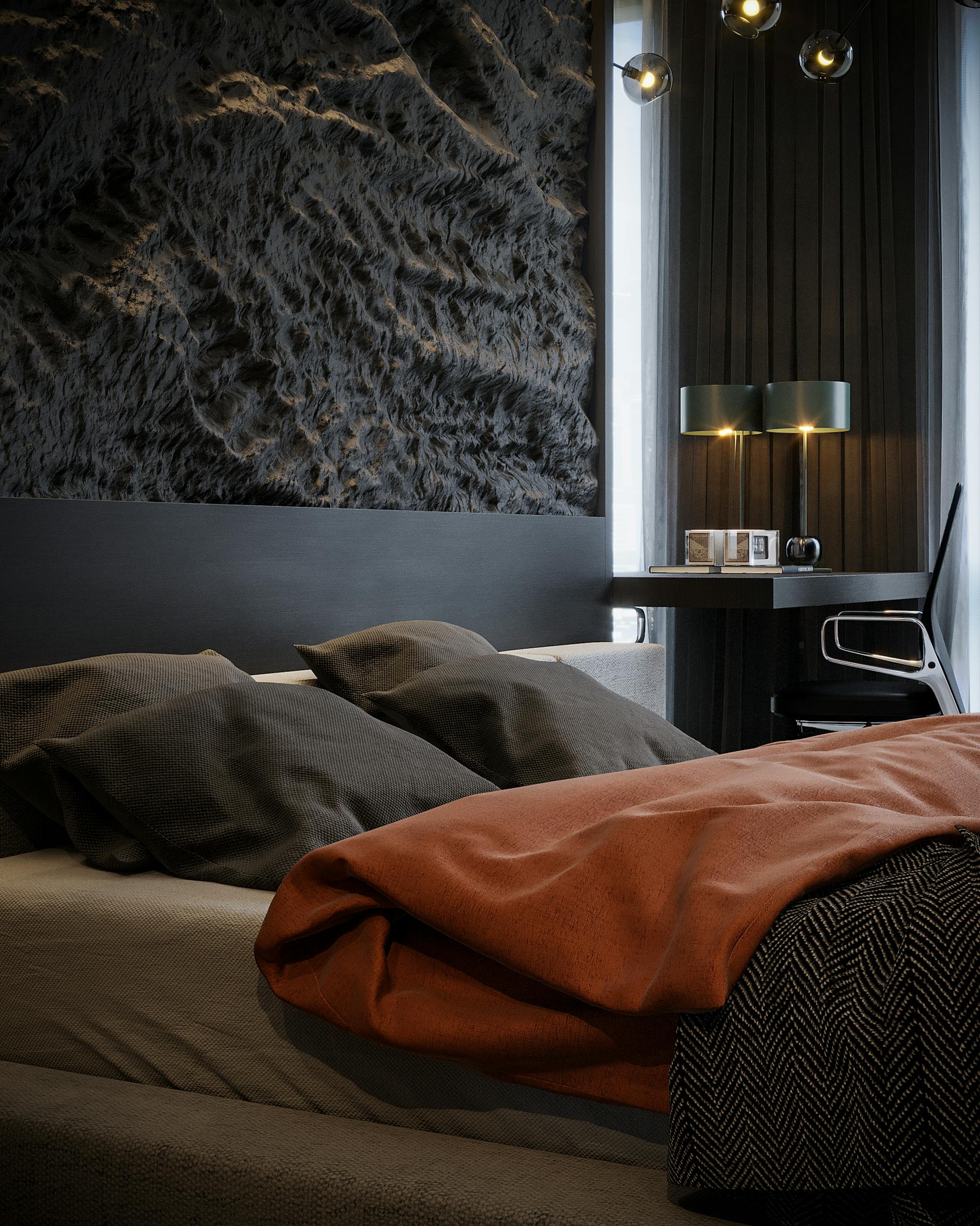 Contemporary bedroom design featuring cozy pillows and modern decor elements.